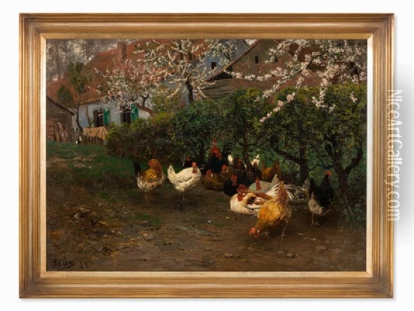 Chicken Yard Oil Painting - Adolf Lins