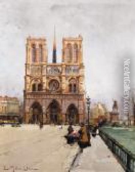 Flower Sellers At Notre Dame, Paris Oil Painting - Eugene Galien-Laloue