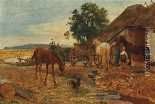 Farm Scene With An Anxious Foal Approaching A Cock Oil Painting - Johan Thomas Lundbye