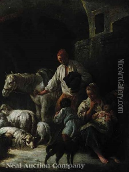 Shepard With His Young Family And Flock Oil Painting - Francesco Londonio