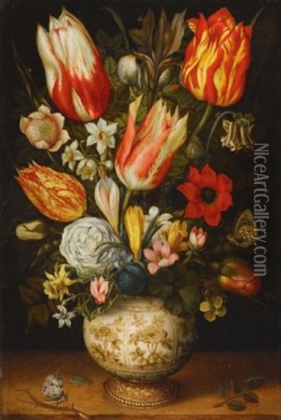 Tulips, Roses, Narcissi, Daffodils, Crocuses, An Iris, A Poppy And Other Flowers In A Gilt Mounted Porcelain Vase On A Ledge, With A Queen Of Spain Fritillary, A White Ermine And A Magpie Butterfly Oil Painting - Christoffel van den Berge