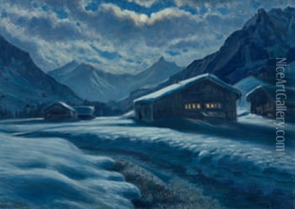 Winterliche Nachtlandschaft Mit Alphutten Oil Painting - Waldemar Theophil Fink