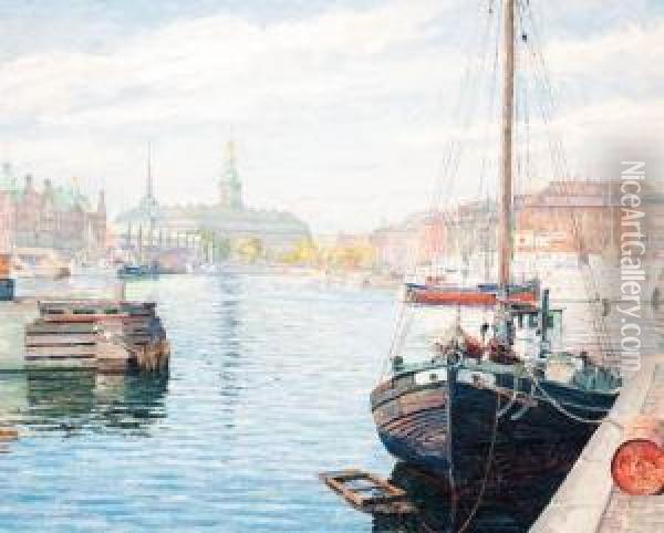 Boats Moored In Copenhagen Oil Painting - Robert Panitzsch