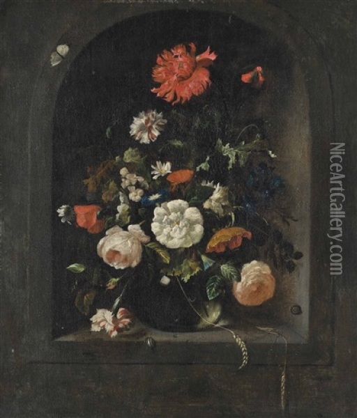 Roses, Carnations, Poppies, Lilies, Morning Glories, Daisies And Other Flowers In A Glass Vase, In A Niche With Butterflies And Snails Oil Painting - Rachel Ruysch