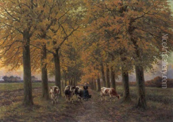 Koeienhoedster In Een Dreef Oil Painting - Henri Houben