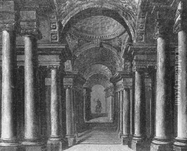Vue De L'allee Centrale D'un Temple Vers La Statue De Jupiter Oil Painting - Giovanni Paolo Panini