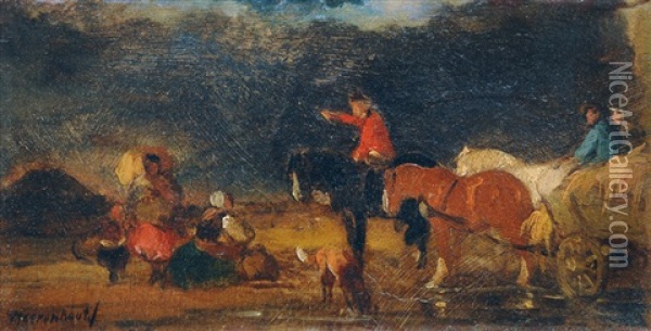 Farmworkers Returning Home And Resting Women At A Ford Oil Painting - Joseph Jodocus Moerenhout