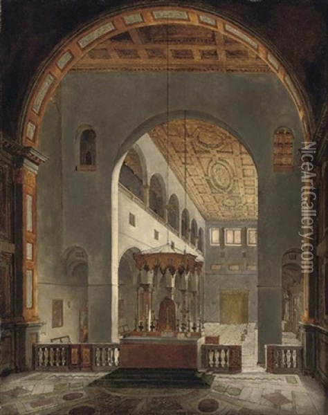 The Interior Of Santi Quattro Coronati, Rome, Looking West From Behind The Altar Oil Painting - Francois Marius Granet