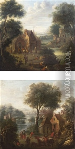 River Landscapes With Peasants And Their Animals Before Cottages (pair) Oil Painting - Pieter Bout