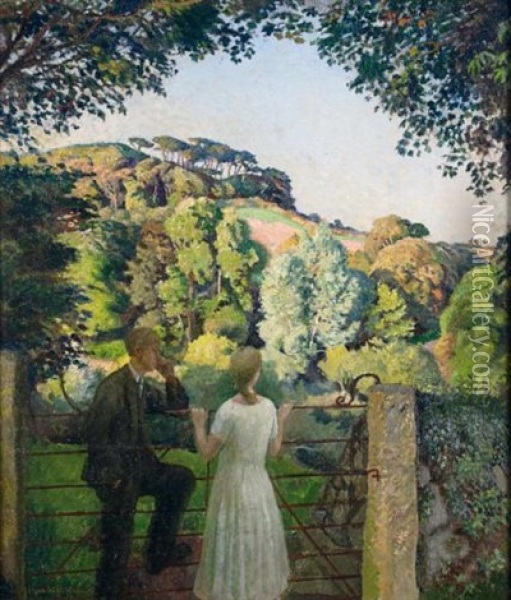 Midge Bruford And Her Fiance At Chywoone Hill, Newlyn Oil Painting - Harold Harvey