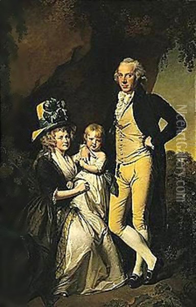 Portrait Of Richard Arkwright With His Wife Mary And Daughter Anne Oil Painting - Josepf Wright Of Derby