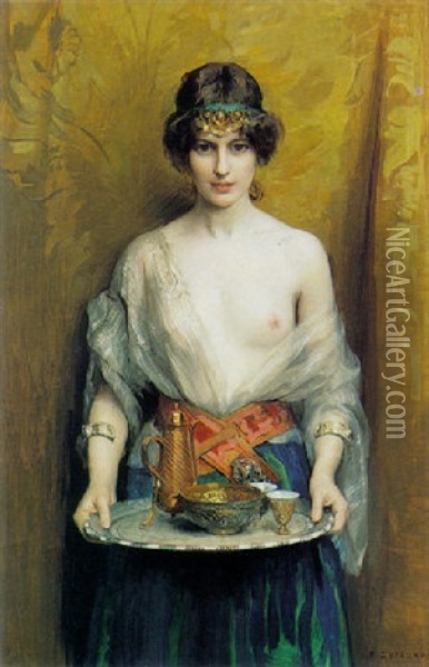 A Beauty Carrying A Tray Oil Painting - Frederic Dufaux