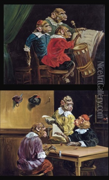 Les Singes Musiciens (+ Singes A L'auberge; 2 Works) Oil Painting - Henry Schouten