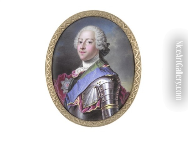 Prince Charles Edward Stuart (1720-1788), Wearing Suit Of Armour Over White Chemise, Stock And Cravat, Blue Sash And Breast Star Of The Order Of The Garter, His Crimson Mantle Draped About Him Oil Painting - Jean Adam Mathieu
