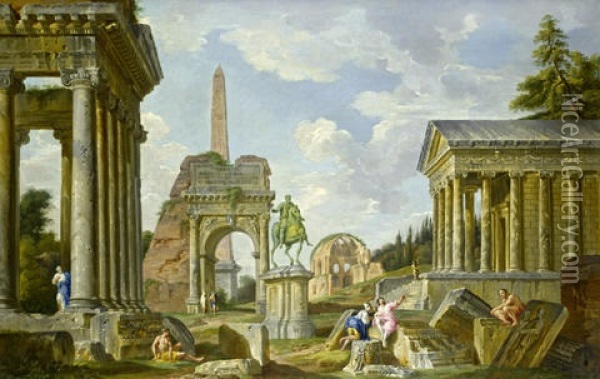 An Architectural Capriccio With The Temple Of Saturn, The Arch Of Titus, The Temple Of Minerva Medica And The Temple Of Fortuna Virilis Oil Painting - Giovanni Paolo Panini