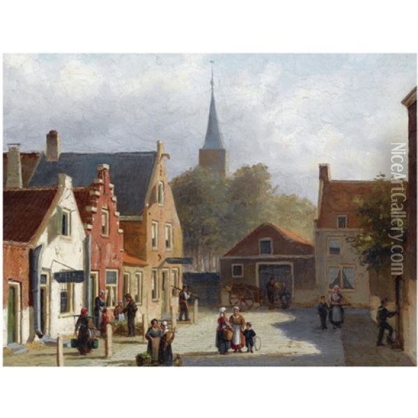 Many Figures On The Sunlit Square Of A Dutch Town Oil Painting - John Frederik Hulk the Younger