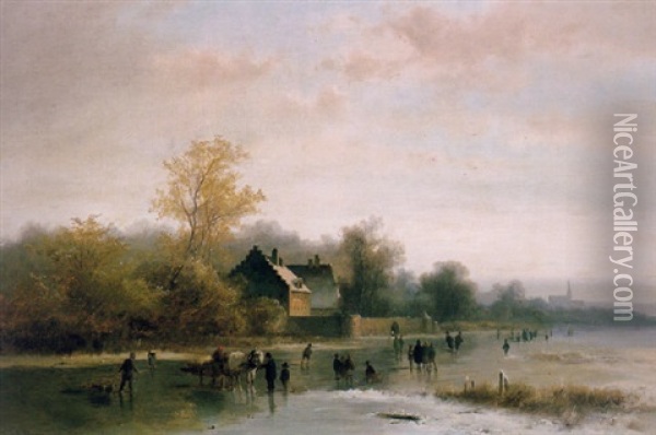 Skaters On A Frozen River Oil Painting - Anton Doll