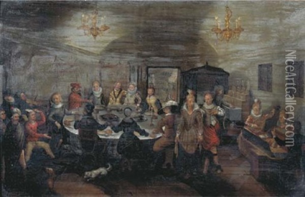 Elegant Company Dancing And Feasting, In A Palace Interior Oil Painting - Wolfgang Heimbach