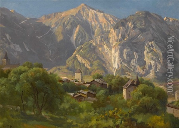 Sommerliche Berglandschaft Mit Einem Dorf Oil Painting - Jean Philippe George-Julliard