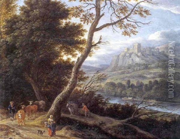 Paysage Fluvial Avec Bergers Et Troupeau Sur Un Chemin Forestier Oil Painting - Pieter Bout