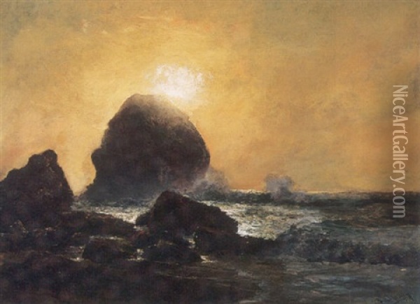 Crashing Waves At Sunset Oil Painting - Charles Dorman Robinson