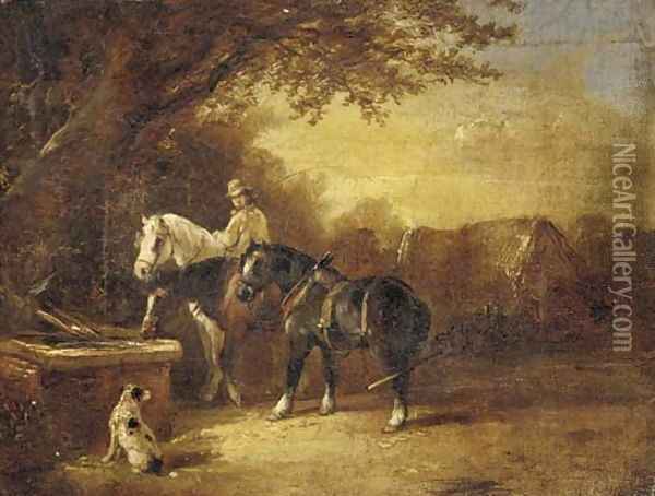 The ploughman's rest; and Horses at a trough Oil Painting - James Bateman