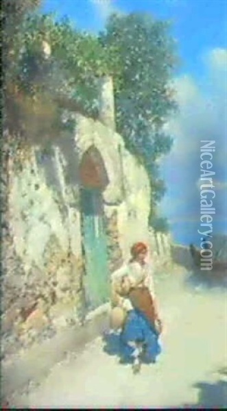 Junge Wassertragerin Auf Capri. Oil Painting - Bernardo Hay