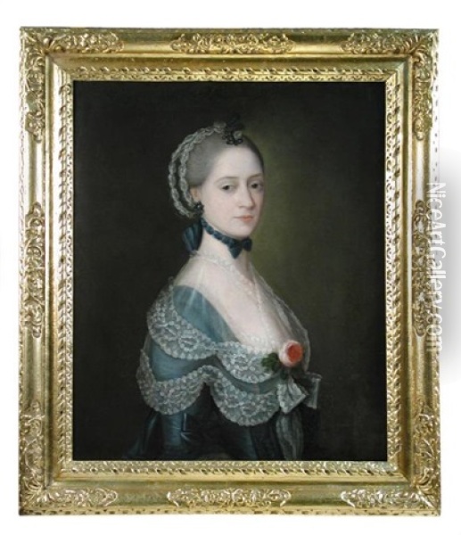 Portrait Presumed To Be Of Ann Anstey (died 1812) Half Length In Blue With Lace Trimmings, A Rose On Her Breast Oil Painting - Thomas Gainsborough