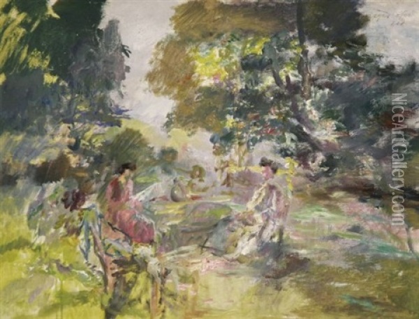 Zwei Frauen Am Gartentisch Oil Painting - Max Mayrshofer