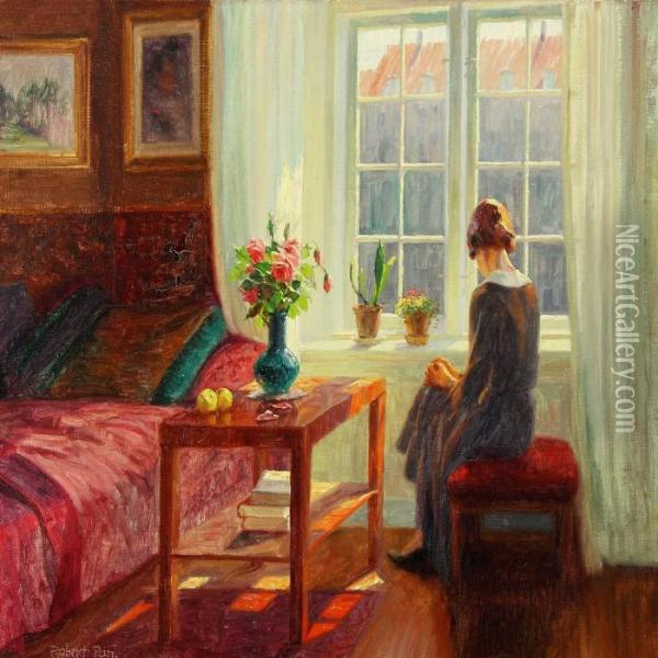 Interior With A Young Woman Sitting By A Window Oil Painting - Robert Panitzsch