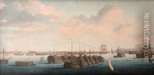 Prison Hulks Lying In Portsmouth Harbour Oil Painting - Ambroise Louis Garneray