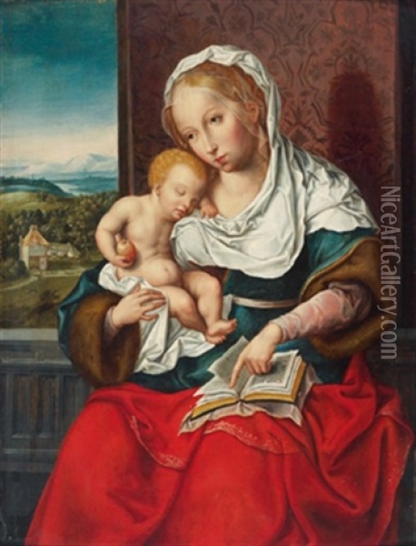 Maria Mit Dem Kind An Einem Fenster Sitzend Mit Blick In Eine Weite Flusslandschaft Oil Painting - Joos Van Cleve