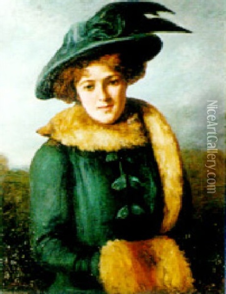 Portrait Of A Young Woman In A Fur Stole Oil Painting - Francis James Barraud