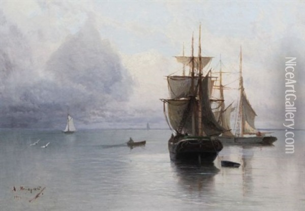 Shipping On A Calm Sea Oil Painting - Arseniy Ivanovich Meshchersky