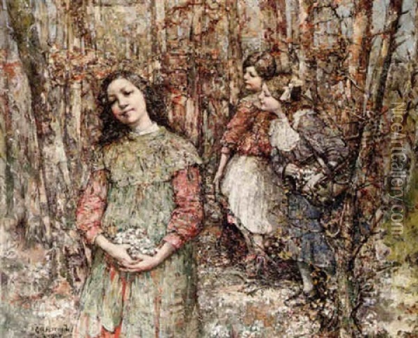 Girls Gathering Flowers In A Wood Oil Painting - Edward Atkinson Hornel