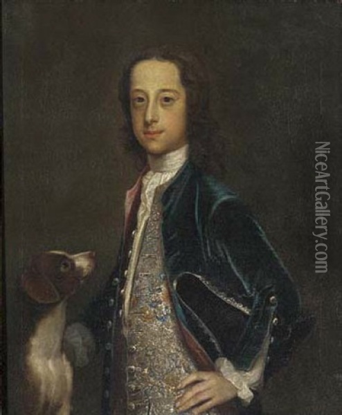 Portrait Of Master John Wyld In An Embroidered Waistcoat And Blue Velvet Coat, With A Tricorn Hat And A Dog Oil Painting - Enoch Seeman