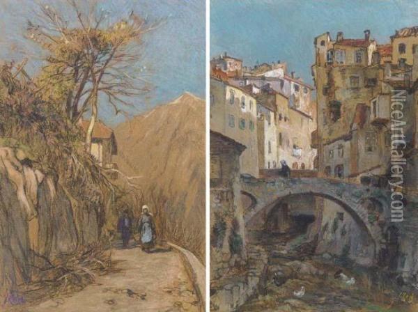 A Figure Crossing A Bridge In An Italian Town; And Travellers On A Hillside Track Oil Painting - Jacques Abraham Zon