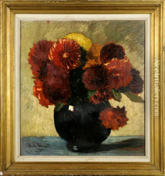 Les Dahlias. Oil Painting - Emile Lecomte