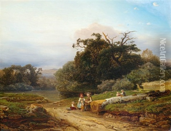 Landschaft Mit Einer Bauernfamilie Bei Der Rast Oil Painting - Otto Reinhold Jacobi