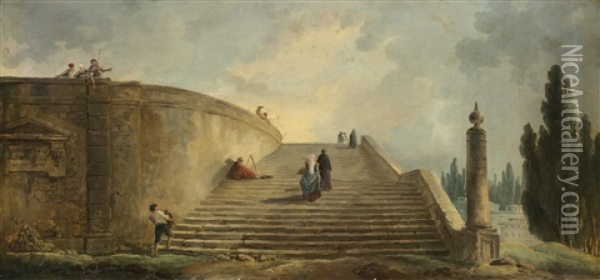 A Grand Staircase Oil Painting - Hubert Robert