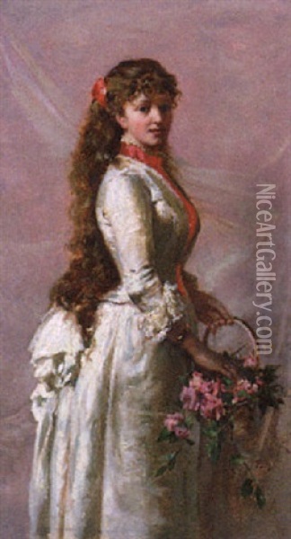 A Young Beauty With A Basket Of Roses Oil Painting - Pawel Merwart