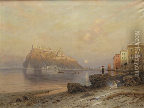Blick Von Ischia Auf Das Castello Aragonese Bei Sonnenuntergang Oil Painting - Ascan Lutteroth
