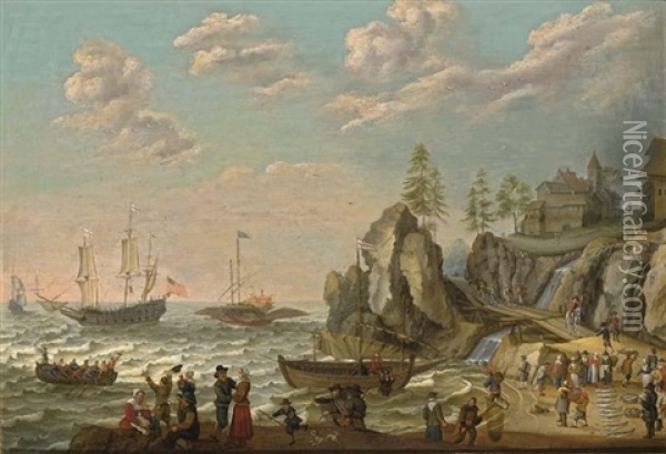 A Coastal Landscape With A Galley, An English Galley Frigate, A Fisher Pink, And A Rowing Boat On Choppy Waters Oil Painting - Isaac Willaerts