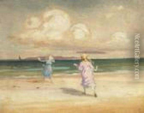 Two Girls Playing By The Seashore Oil Painting - George William, A.E. Russell