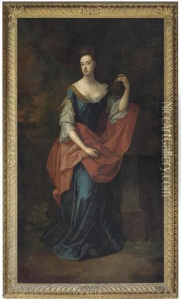 Portrait Of A Lady, Full-length,
 In A Blue Dress And Red Wrap, Resting Her Left Arm On A Plinth, In 
Landscape Oil Painting - Sir Godfrey Kneller