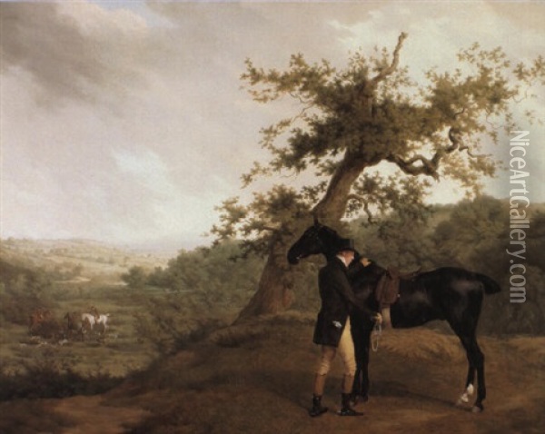 George Irving With His Black Hunter Beneath A Blasted Oak Oil Painting - Jacques-Laurent Agasse