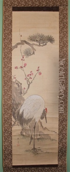 Cranes, Plum And Pine Oil Painting - Matsumura Goshun