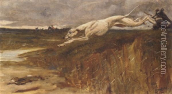 A Greyhound Chasing A Rabbit Oil Painting - Cecil Charles Windsor Aldin