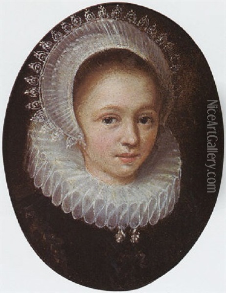 A Portrait Of A Young Girl Wearing A Black Dress With A White Lace Collar And An Elaborate Lace Headdress Oil Painting - Jan Anthonisz Van Ravesteyn