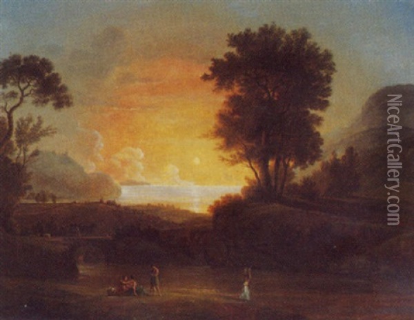 Landschaft Mit Ein Paar Figuren Bei Sonnenuntergang Am Meer Oil Painting - Claude Lorrain